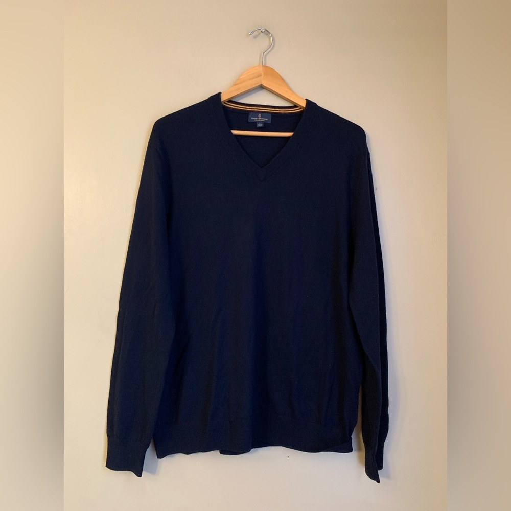 Brooks Brothers Men’s Large 100% Merino Wool V-Neck Sweater Blue Preppy